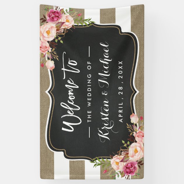 Rustic Country Burlap Stripes Floral Wedding Party Banner