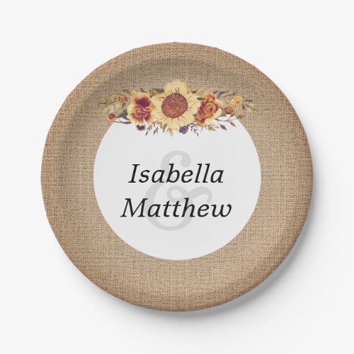 Rustic Country Burlap  Sunflower Wedding Paper Plates