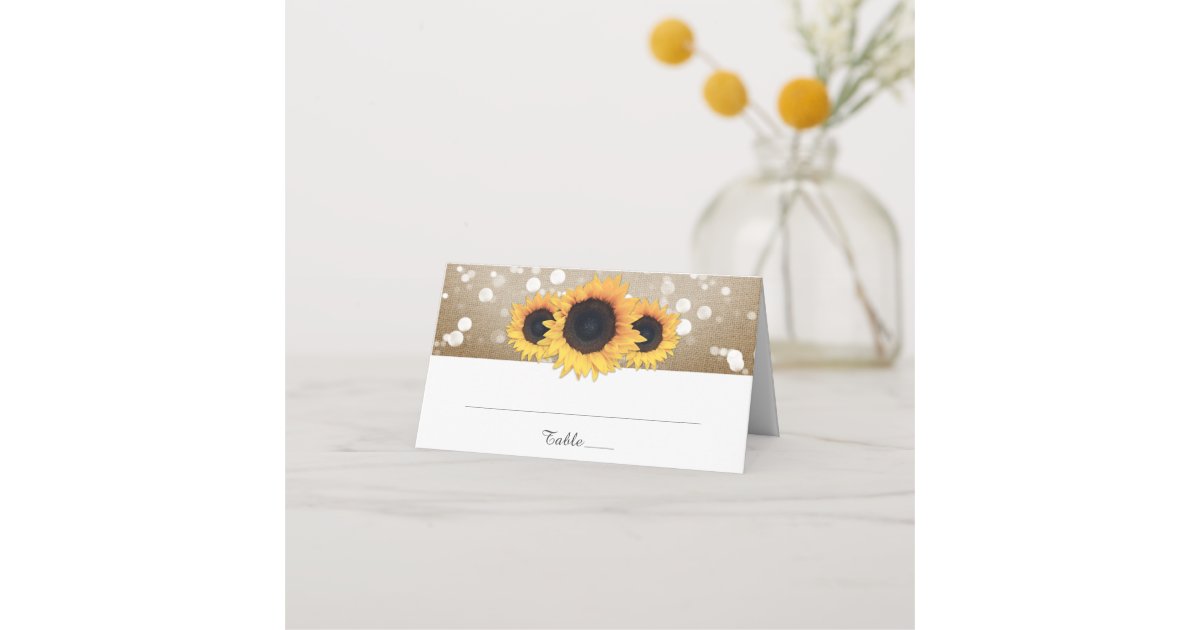 Rustic Country Burlap Sunflower Wedding Place Card | Zazzle