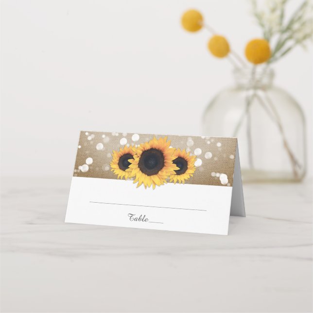 Rustic Country Burlap Sunflower Wedding Place Card (Front)