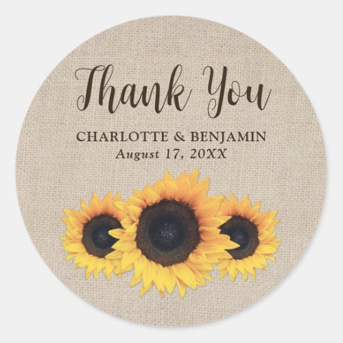 Rustic Country Burlap Sunflower Wedding Thank You Classic Round Sticker