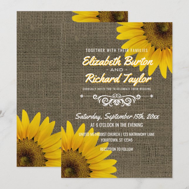 Rustic Country Burlap Sunflowers Floral Wedding Invitation (Front/Back)