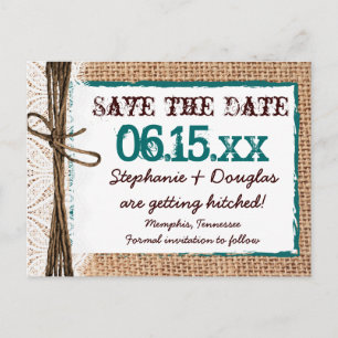 Rustic Country Burlap Teal Save the Date Postcards