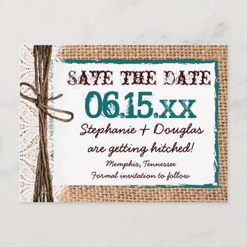 Rustic Country Burlap Teal Save the Date Postcards