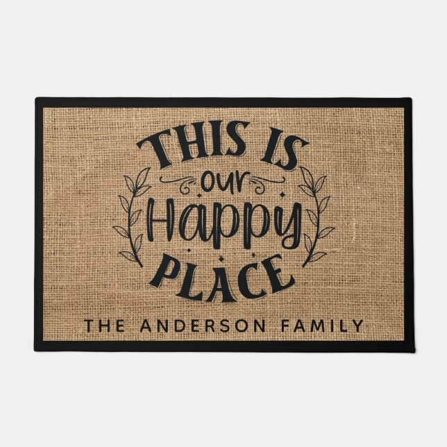 Rustic Country Burlap This is Our Happy Place  Doormat (Front)