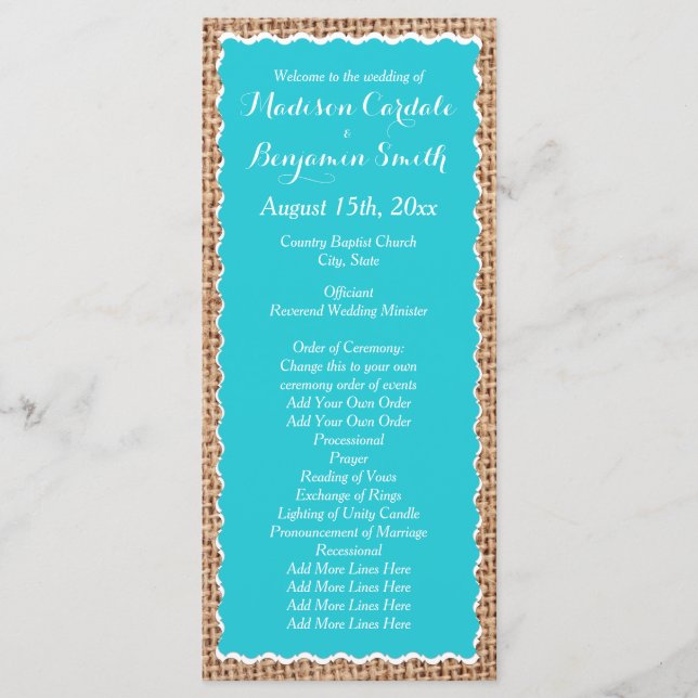 Rustic Country Burlap Turquoise Wedding Programs (Front)