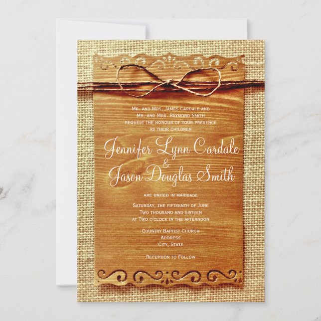 Rustic Country Burlap Twine Bow Wedding Invitation (Front)