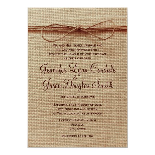 Rustic Country Burlap Twine Bow Wedding Invitation