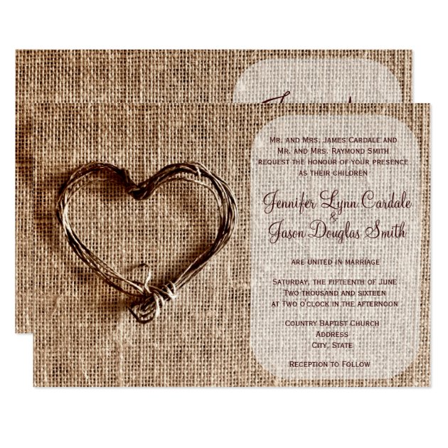 Rustic Country Burlap Twine Heart Wedding Invite