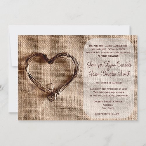 Rustic Country Burlap Twine Heart Wedding Invite