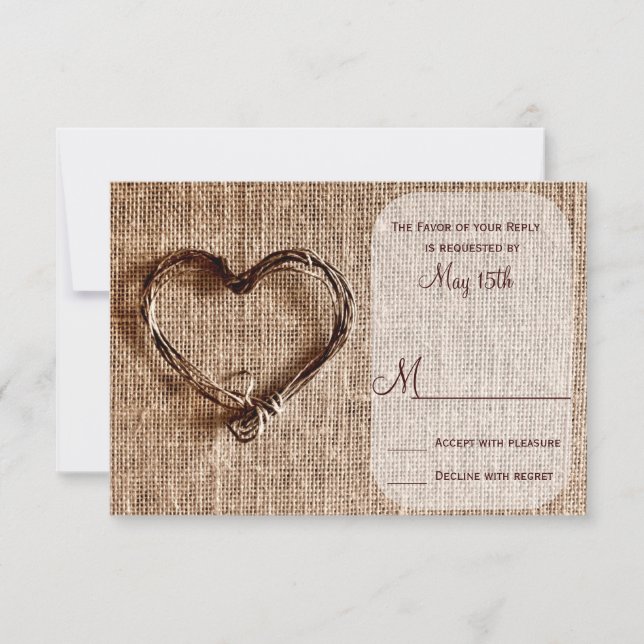 Rustic Country Burlap Twine Heart Wedding RSVP (Front)