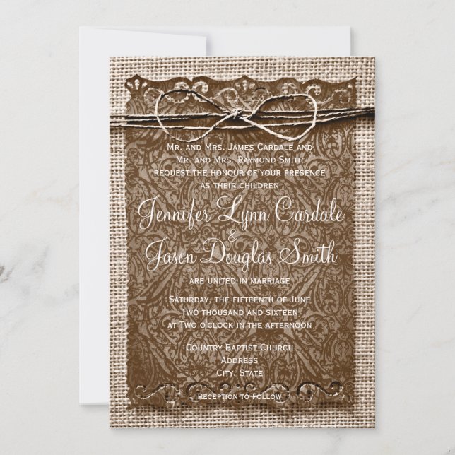 Rustic Country Burlap Twine Scroll Wedding Invites (Front)
