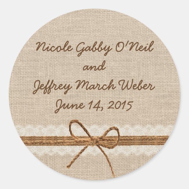 Rustic Country Burlap Twine Wedding Classic Round Sticker (Front)