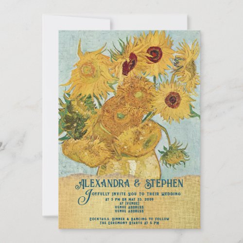 Rustic Country Burlap Van Gogh Sunflowers Wedding Invitation