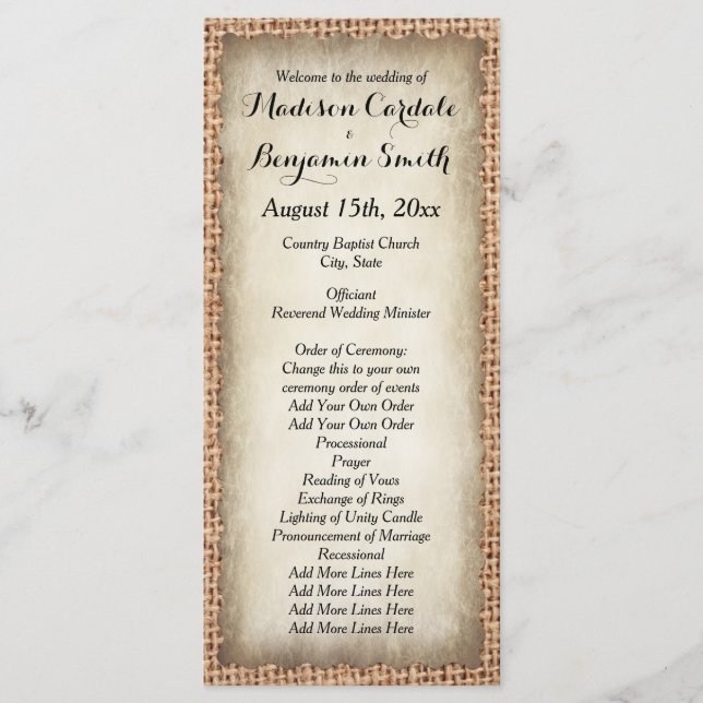 Rustic Country Burlap Vintage Wedding Programs (Front)