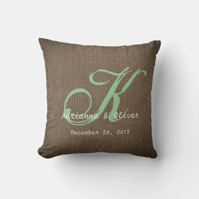 Rustic Country Burlap Wedding Monogram Keepsake Throw Pillow (Front)