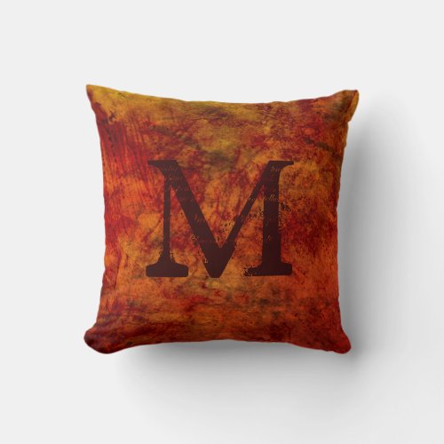 Rustic Country Burnt Orange Brown Texture Monogram Throw Pillow