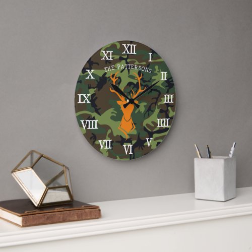 Rustic Country Camo Farmhouse Deer with Antlers Large Clock