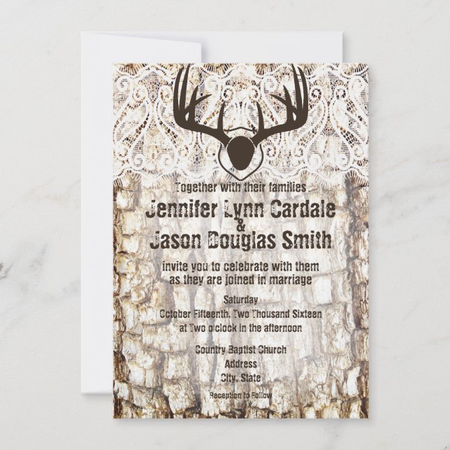 Rustic Country Camo Hunting Antlers Wedding Invite (Front)