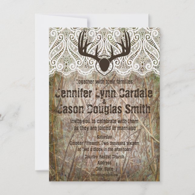 Rustic Country Camo Hunting Antlers Wedding Invite (Front)