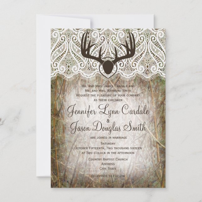 Rustic Country Camo Hunting Antlers Wedding Invite (Front)