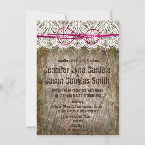 Rustic Country Camo Pink Bow Wedding Invitations