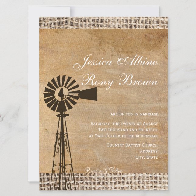 Rustic Country Canvas Burlap Windmill Invitation (Front)