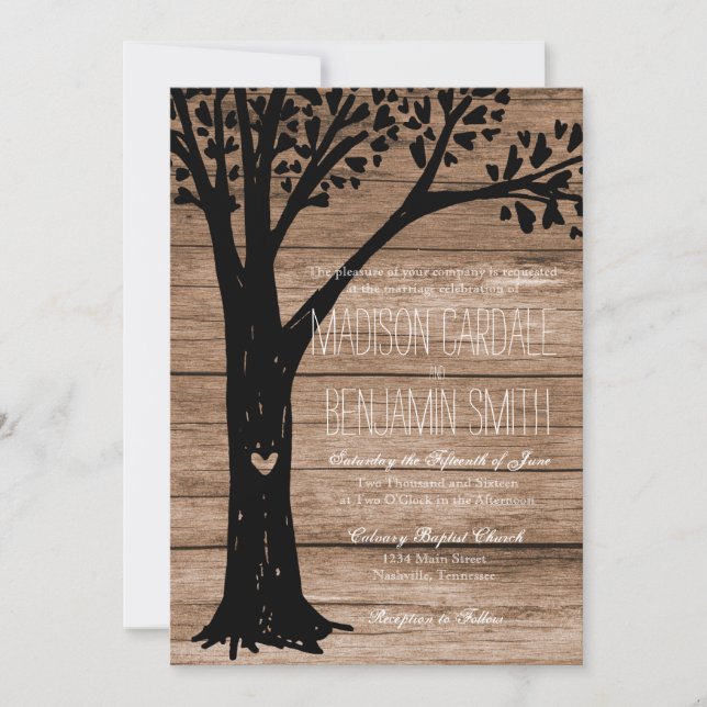 Rustic Country Carved Heart Tree Wedding Invites (Front)