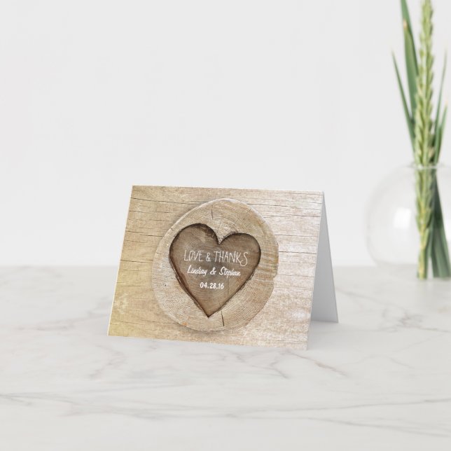 Rustic Country Carved Heart Tree Wedding Thank You Card (Front)