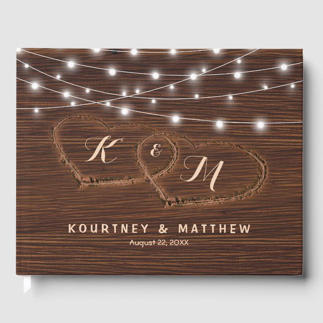 Rustic Country Carved Wood Heart Wedding Guest Book (Front)