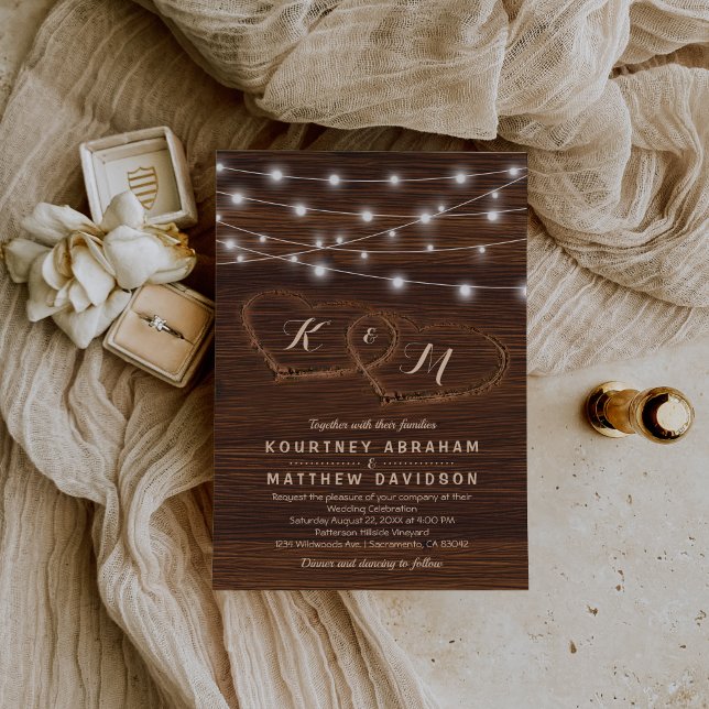 Rustic Country Carved Wood Heart Wedding Invitation