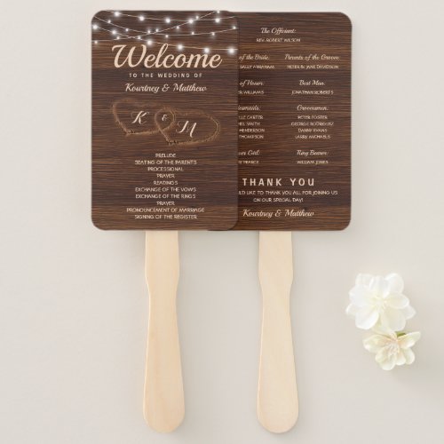 Rustic Country Carved Wood Heart Wedding Program Hand Fan - Country barn wedding program fans featuring a rustic wood background, two carved hearts, your initials, and a wedding order of events template. Click on the “Customize it” button for further personalization of this template. You will be able to modify all text, including the style, colors, and sizes. You will find matching items further down the page, if however you can't find what you looking for please contact me.