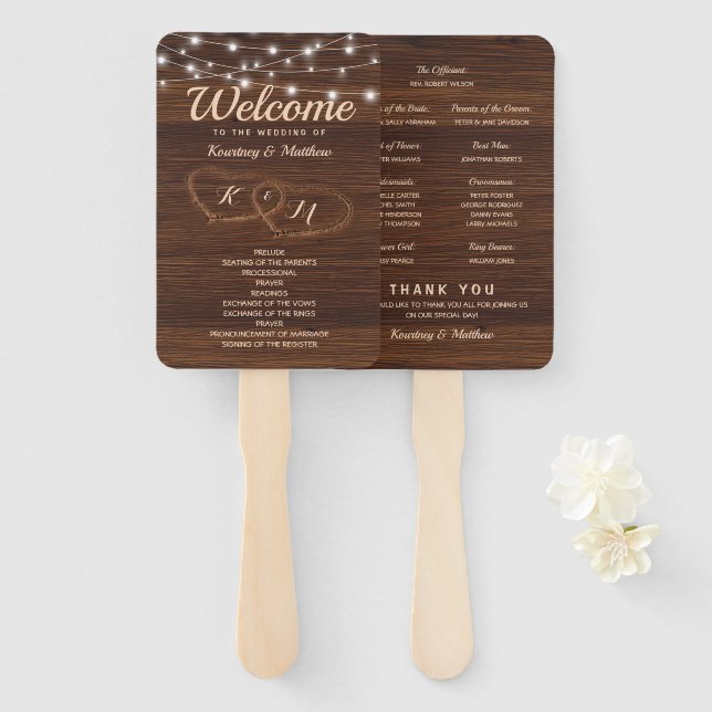 Rustic Country Carved Wood Heart Wedding Program Hand Fan (Front and Back)