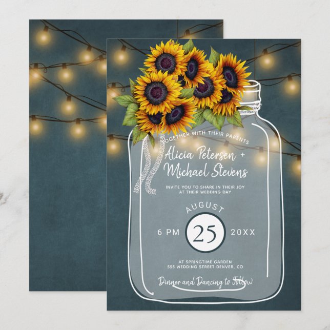 Rustic country chalkboard sunflowers wedding invitation (Front/Back)