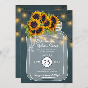 Rustic country chalkboard sunflowers wedding invitation
