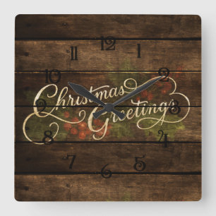 Rustic Country Charming Wooden Painted Christmas Square Wall Clock