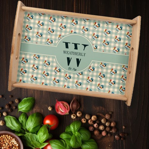 Rustic Country Checks Rooster Monogram  Name Serving Tray