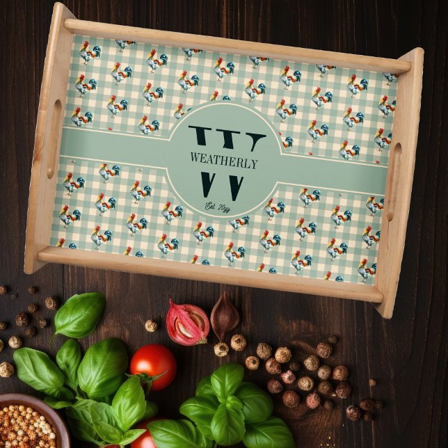Rustic Country Checks Rooster Monogram | Name Serving Tray (Rustic Country Gingham Checks Rooster Pattern Monogram | Name Wooden Serving Tray)