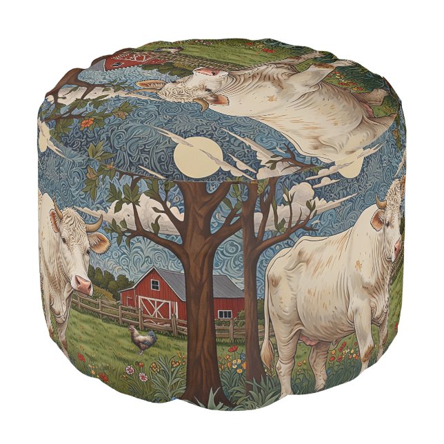 Rustic country chic boho cow farm pouf (Angled Front)