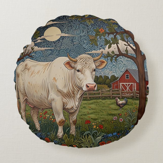 Rustic country chic boho cow farm round pillow (Front)