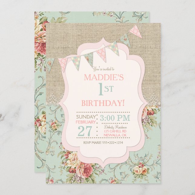 Rustic Country Chic Burlap Lace Shabby Floral Invitation (Front/Back)