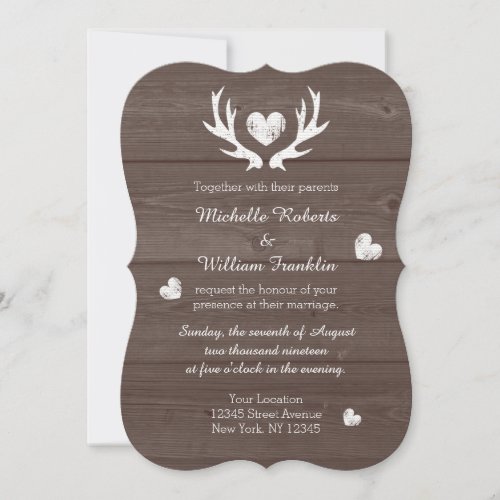 Rustic country chic deer antler wedding invitation