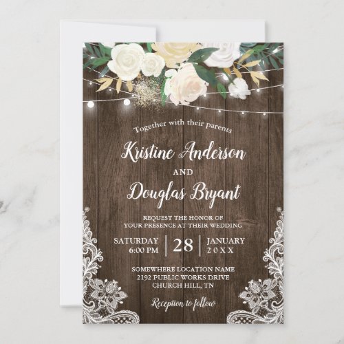 Rustic Country Chic Floral String Lights Wedding Card