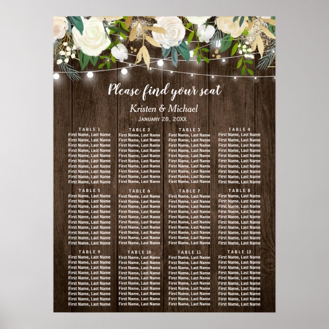 Rustic Country Chic Floral Wedding Seating Chart (Front)