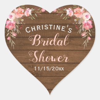 Rustic Country Chic Pink Floral Bridal Gift Favor Heart Sticker