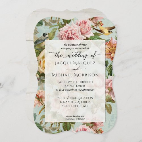 Rustic Country Chic Pink Rose Flower Bird Wedding Invitation