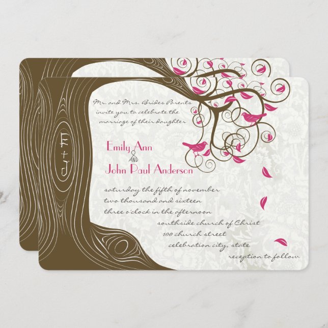 Rustic Country Chic Tree Pink Birds Weddings Invitation (Front/Back)