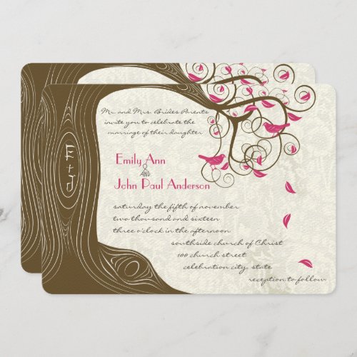 Rustic Country Chic Tree Pink Birds Weddings Invitation