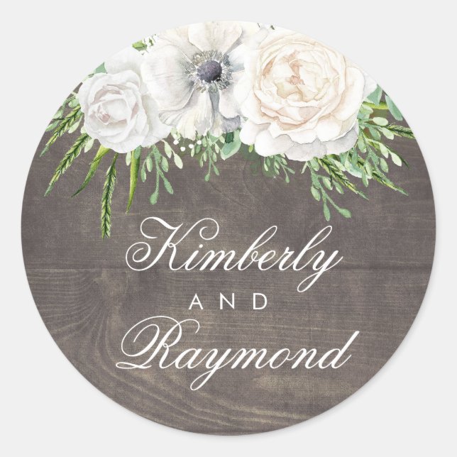 Rustic Country Chic | White Flowers Barn Wedding Classic Round Sticker (Front)