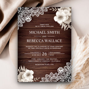 Rustic Country Chic Wood Lace Ivory Floral Wedding Invitation